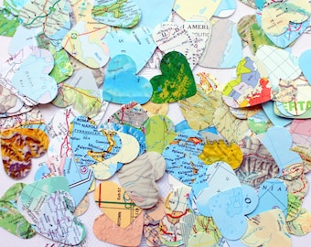 Set of 500 Map Hearts Confetti, Atlas Hearts, Travel Theme, Travel Party, Map Confetti, Atlas Confetti, Map Scatters, travel Ephemera