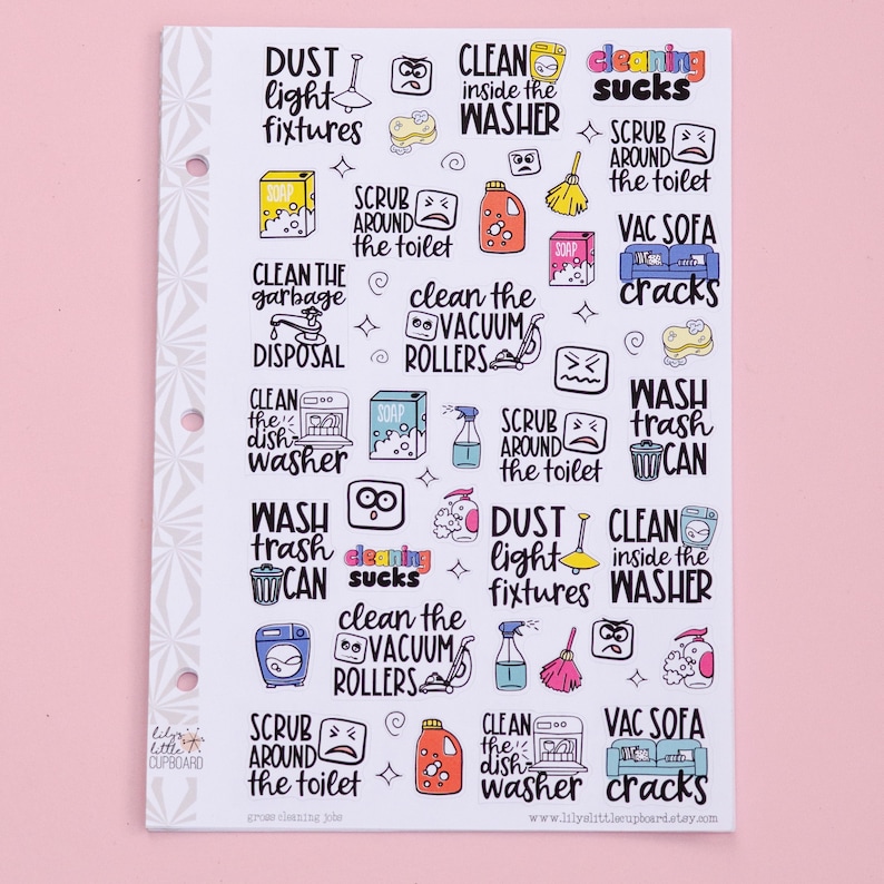 May include: A sheet of colorful stickers with illustrations and text related to cleaning tasks. The stickers feature phrases like "Clean the Vacuum Rollers", "Scrub Around the Toilet", "Wash Trash Can", and "Dust Light Fixtures".