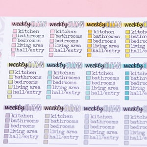 May include: Eight printable checklists for weekly cleaning tasks. Each checklist has a different colored border and includes the following tasks: kitchen, bathrooms, bedrooms, living area, and hall/entry.