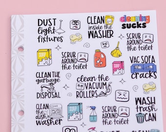 May include: A sheet of white stickers with colourful illustrations and text related to cleaning tasks. The stickers include phrases like "Clean the garbage disposal", "Clean the vacuum rollers", "Scrub around the toilet", "Wash trash can", and "Dust light fixtures".