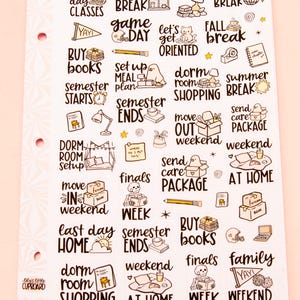 May include: A sticker sheet featuring black text and small illustrations related to college life, including phrases like first day classes, winter break, semester ends, and finals week, with icons of books, pencils, ghosts, and dorm room items.