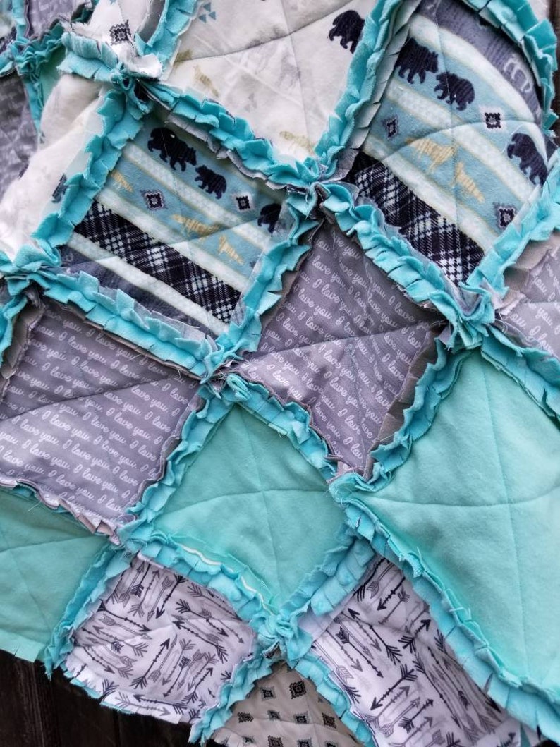 Woodland Baby Quilt, Rag Quilt, Boy, Girl, Bear, Deer, Fox, Teal, Grey