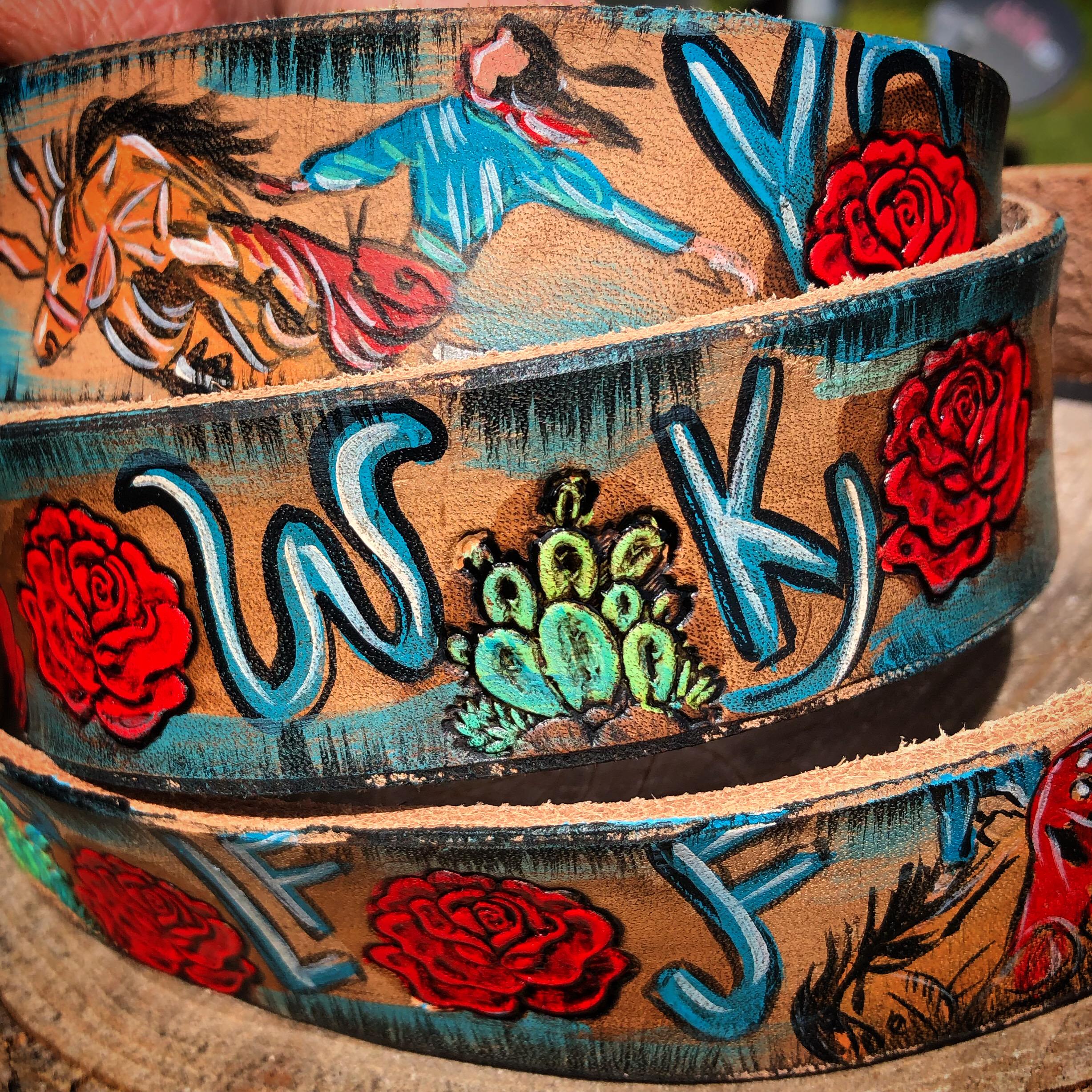 Hand Painted Bucking Horse and Rose Belt