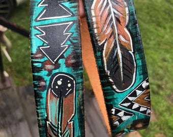 Teal Green Leopard Print Leather Belt with Southwest Feather Design Custom Western Cowgirl Belt