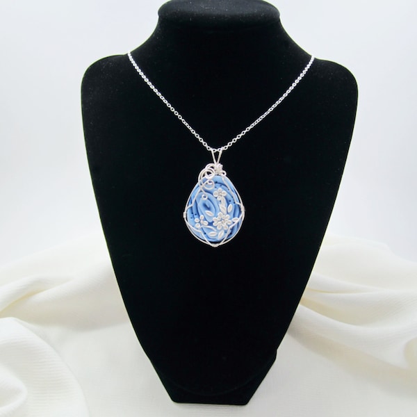 Wire Wrapped Blue Rose Polymer Clay Applique Bead Pendant