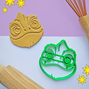 Op de afbeelding: Twee koekjesvormen, een groene en een bruine, in de vorm van een cartoonhagedis met grote ogen.