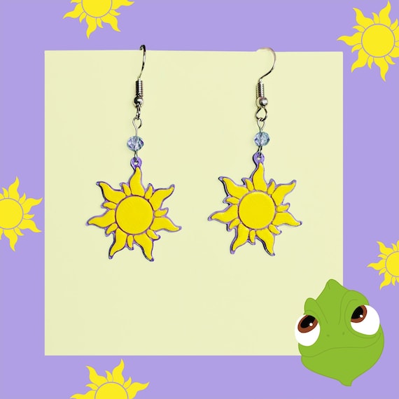 Tangled sun earrings, 3D printed Rapunzel dangle earrings, Corona's crest