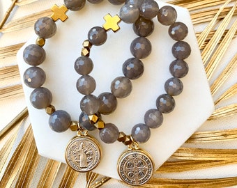Give Love + Blessings Rosary Prayer Bracelet | Grey Agate Semi Precious Stone | St Benedict medal | Protection against evil | Catholic Gifts