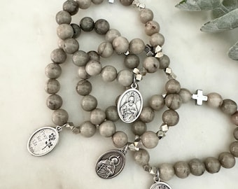 St Jude | Give Love + Blessings Rosary Prayer Bracelet | Stone Grey Jasper Semi Precious Stone | Patron Saint of Hopeless Causes