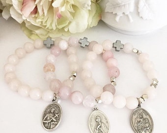 Give Love + Blessings Classic Single Decade Rosary Prayer Bracelet | Rose Quartz  | Infertility | Catholic | St Gerard | St Ann | St Monica