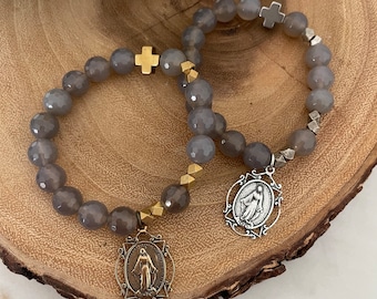 Miraculous Medal | Give Love + Blessings Rosary Prayer Bracelet Grey Agate Stones | Silver | Gold |Virgin Mother Mary | Catholic |Christian