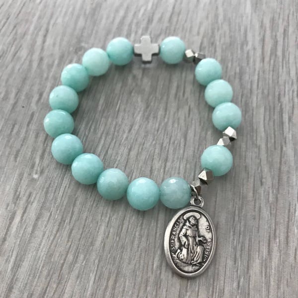 Give Love + Blessings Dyed Jade in mint color Classic Single Decade Rosary Bracelet with St Anthony + St Francis Assisi Medal