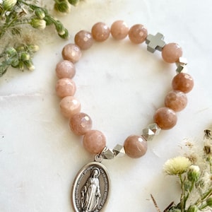 Catholic Rosary Prayer Bracelet | Blush Moonstone  | Miraculous medal | Silver | Virgin Mary | Blessed Mother | Give Love + Blessings