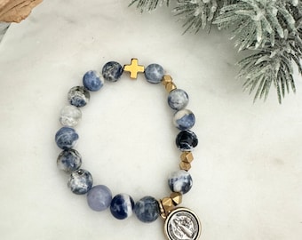 Give Love + Blessings Rosary Prayer Bracelet White Blue Sodalite Stones | Silver | Catholic | Saint Benedict | Protection Medal | Gold