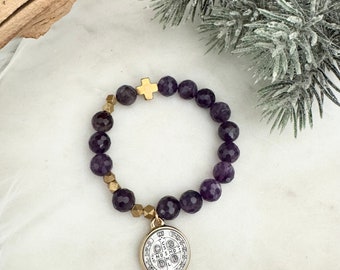 Saint Benedict | Rosary Prayer Bracelet | Classic Single Decade | Deep Purple Amythst |Semi Precious | Catholic | Protection | Cross | Gold