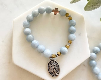 Our Lady Untier of Knots | Rosary Prayer Bracelet | Virgin Mary | Blessed Mother | Light Blue Dyed Jade | Gold Silver | Catholic Jewelry