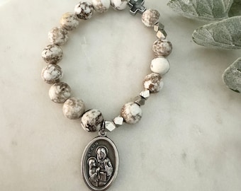 St Anne | Give Love + Blessings Rosary Prayer Bracelet | white turquoise stones | unique brown veining | Silver | Patron Saint Mothers