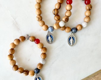 Give Love + Blessings God Bless America | Classic Single Decade | Olive Wood Jade Sodalite Agate Rosary Prayer Bracelet | Miraculous Medal