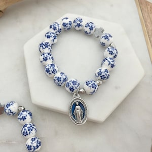 Catholic Rosary Prayer Bracelet White Blue Chinoiserie Flower Porcelain Beads | Silver | Miraculous Medal | Blessed Mother | Virgin Mary
