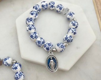 Catholic Rosary Prayer Bracelet White Blue China Flower Porcelain Beads | Silver | Miraculous Medal | Blessed Mother | Virgin Mary | Jewelry