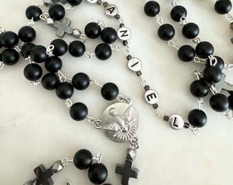 Dar Amor + Bendiciones Rosario Personalizado Semiprecioso / Piedra de Ónix Negro Mate / Confirmación / Plata / Gunmetal / Sacramentales