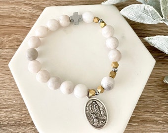 Our Lady Of Lourdes | Rosary Prayer Bracelet | Virgin Mary | Blessed Mother | White Fossil Agate Stone | Gold | Silver | Catholic Jewelry