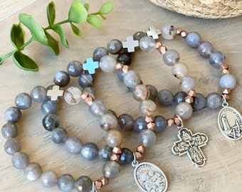 Give Love and Blessings Rosary Bracelet | Sunstone | Agate | Rose Gold | Silver | 4 Way Cross | Sacred Heart  |St Christopher | Holy Spirit