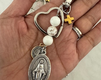 Give Love + Blessings | Give love Clasp HEART Keychain | White Turquoise |Miraculous Medal | Virgin Mary | St Benedict Protection Medal