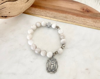 Miraculous Medal | Give Love + Blessings Rosary Prayer Bracelet White Fossil Agate Stones | Silver | Virgin Mother Mary | Catholic Mama Mom