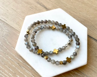 5 decade Give Love + Blessings Wrap Rosary Prayer Bracelet | Genuine Labradorite Semi Precious Gem Stones | Sacramental | Gold Brass Grey