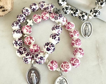 Catholic Rosary Prayer Bracelet White Pink | Purple | Bloom Flower Porcelain Bead | Silver | Miraculous Medal | Blessed Mother | Virgin Mary