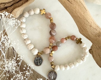 Mommy and Me Rosary Prayer Bracelet | St Benedict | Blush Sandstone | Beige Howlite | Gold Bronze Silver | Catholic Devotion Jewelry