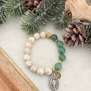 Wonderbaarlijke medaille en Sint-Benedictus| Gebedsarmband rozenkrans | Maagd Maria | Gezegende moeder | Groene jadesteen beige howliet | Goud