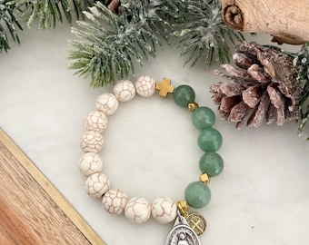 Miraculous Medal and St Benedict| Rosary Prayer Bracelet | Virgin Mary | Blessed Mother | Green Jade Stone Beige Howlite | Gold