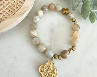 Catholic Rosary Prayer Bracelet Neutral Beige Agate Stones | Gold Four Way Cross Clover | Miraculous Medal | St Joseph | Sacred Heart Jesus