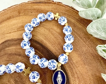 Catholic Rosary Prayer Bracelet White Blue China Flower Porcelain Beads | GOLD | Our Lady of Grace Medal | Blessed Mother | Virgin Mary