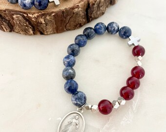 Divine Mercy | Give Love + Blessings Rosary Prayer Bracelet | Classic Single Decade | Blue Sodalite | Red Jade | Jesus I trust in You