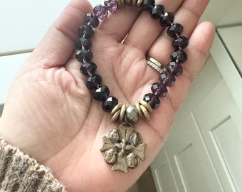 Catholic Rosary Prayer Bracelet Crystal  | Signature Double Decade | Purple | Four way cross | sacred heart | Miraculous medal | Mother Mary