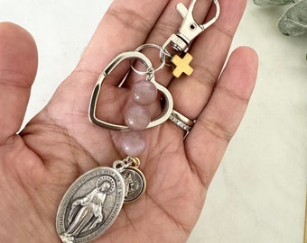 Give Love + Blessings | Give love Clasp HEART Keychain | Mauve Cat Eye |Miraculous Medal | Virgin Mary | St Benedict Protection Medal