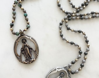 Gold Pyrite Green Jasper | Miraculous Medal Virgin Mary Necklace | Beaded 36” Toggle | Hematite | Semi Precious Stones Bronze Blessed Mother