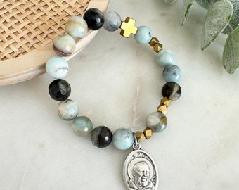 Give Love + Blessings Rosary Prayer Bracelet Amanzonite Stones | green blue  Silver | Catholic | Saint Padre Pio | Protection Medal