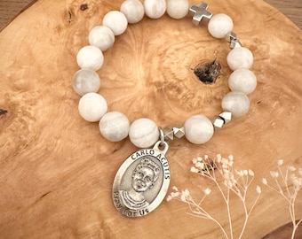 St. Carlo Acutis Rosary Bracelet | White Fossil Agate | Monstrance Medal | Catholic Gifts | Handmade Rosary Jewelry | Blessings | Silver