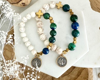 Mommy and Me Rosary Prayer Bracelet | St Benedict | Dyed Jade Green Stone Beige Howlite | Gold Bronze Silver
