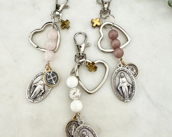 Give Love + Blessings | Give love Clasp HEART Keychain | Pink Rose Quartz |Miraculous Medal | Virgin Mary | St Benedict Protection Medal