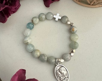 Holy Family | Rosary Prayer Bracelet | Semi Precious Stones | Aquamarine | Light Blue and Silver