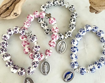 Catholic Rosary Prayer Bracelet White Pink | Purple | Bloom Flower Porcelain Bead | Silver | Miraculous Medal | Blessed Mother | Virgin Mary