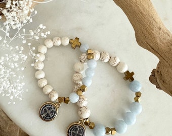 Mommy and Me Rosary Prayer Bracelet | St Benedict | Powder Blue Dyed Jade | Beige Howlite | Gold Bronze Silver | Catholic Devotional Jewelry