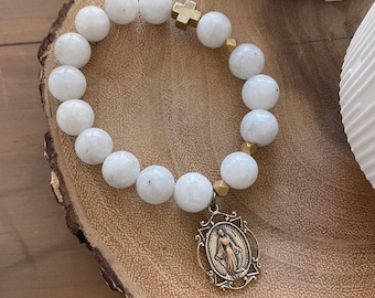 Miraculous Medal | Rosary Prayer Bracelet | Virgin Mary | Blessed Mother | White Smooth Moonstone | Gold