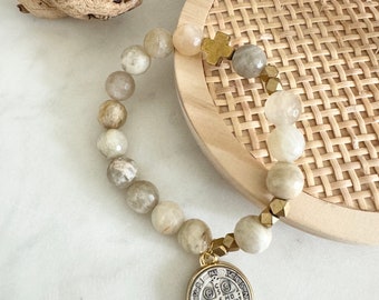 Catholic Rosary Prayer Bracelet Neutral Beige Agate Stones | Gold Four Way Cross Clover | Miraculous Medal | St Joseph | Sacred Heart Jesus