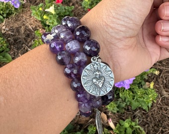 Give Love + Blessings Large Classic Single Decade Rosary Prayer Bracelet In Purple Amythest Stone With Silver Sacred Heart Of Jesus Medal